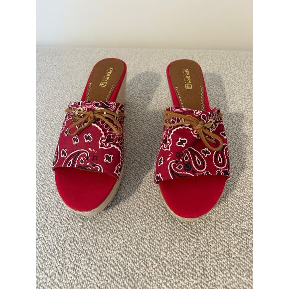 Sperry Boat Shoe Red Bandanna Paisley Print Leather Tie Espadrilles 90s Y2K 9 - Picture 2 of 6